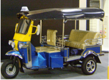 a yellow and blue tuk tuk (also known as a auto rickshaw)